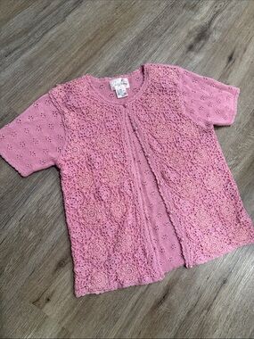 Vintage Jaclyn Smith Pink Crochet Short Sleeve Cardigan